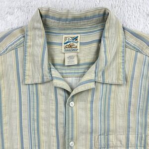 Vintage Travelsmith Shirt Men's XL Beige Blue Striped Silk Short Sleeve Camp 90s